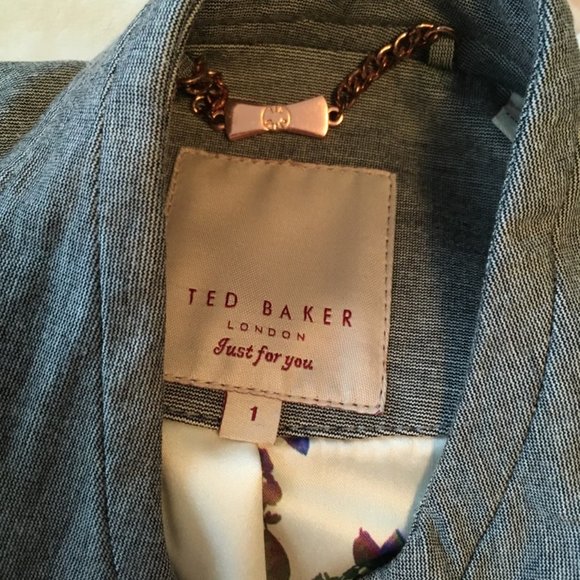 Ted Baker Beyty Grey blazer jacket zip up with tan brown leather sleeves size 1 - Picture 9 of 16